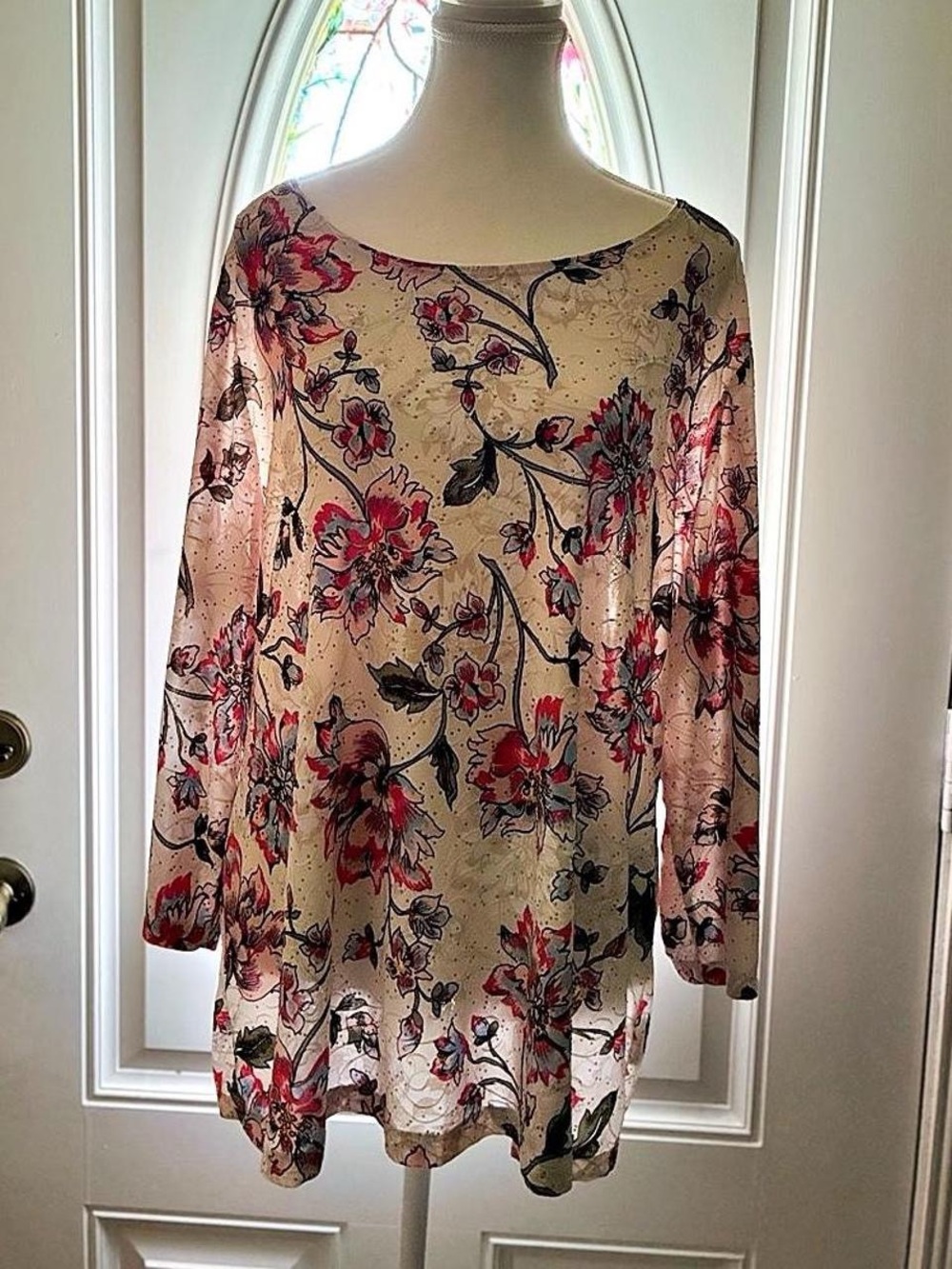 JM Collection Cream Floral Boatneck Tunic Top